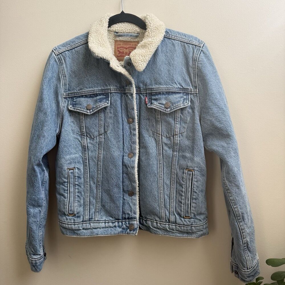 Levi's Light Blue Sherpa Lined Denim Trucker Jean Jacket Snap Closure Size L